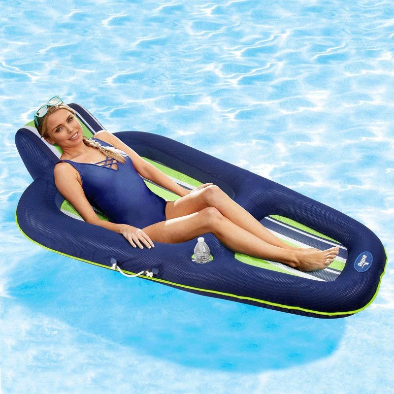 Photo 1 of Aqua Luxury Pool Float Lounge – Extra Large – Heavy Duty, Inflatable Pool Floats for Adults with Headrest, Backrest, Footrest & Cupholder – Navy/Green/White Stripe
