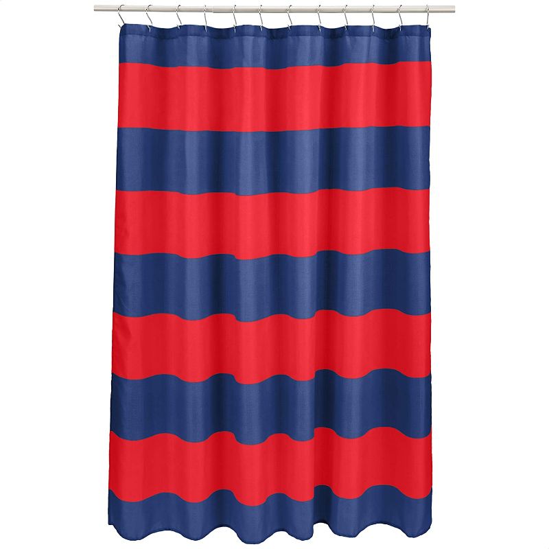 Photo 1 of Amazon Basics Fun and Playful Red/Blue Rugby Stripe Printed Pattern Kids Microfiber Bathroom Shower Curtain - Red/Blue Rugby Stripe, 72 Inch