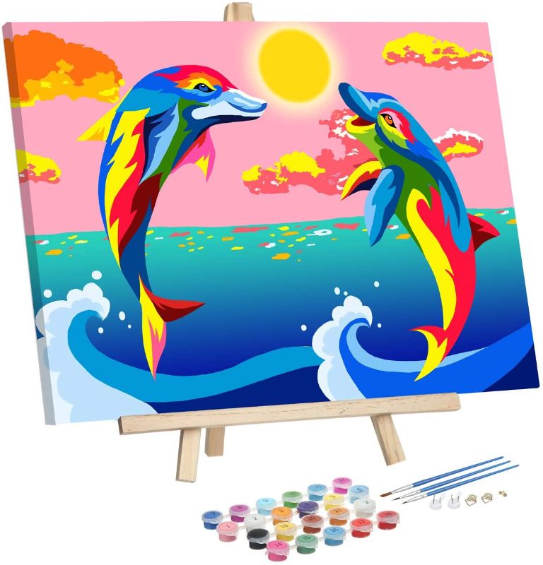 Photo 1 of Goosky Paint by Numbers for Kids and Beginners, DIY Acrylic Painting Kits on Canvas - 16" W x 12" L - Colorful Dolphin (Framed Canvas)