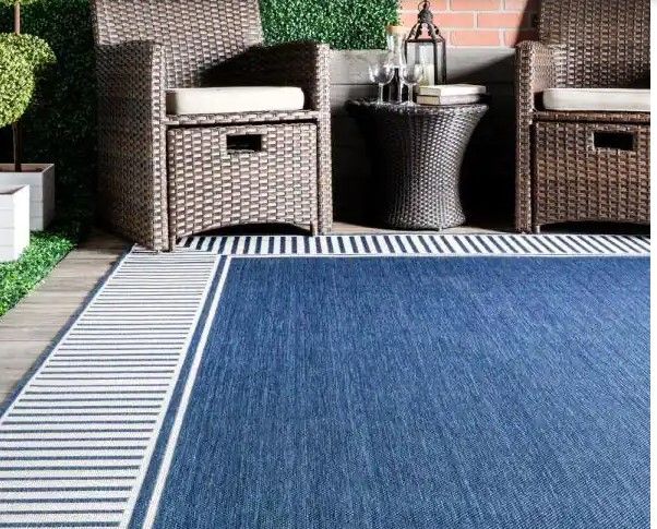 Photo 1 of Asha Simple Border Indoor/Outdoor Navy 9 ft. 6 in. x 12 ft. Area Rug
