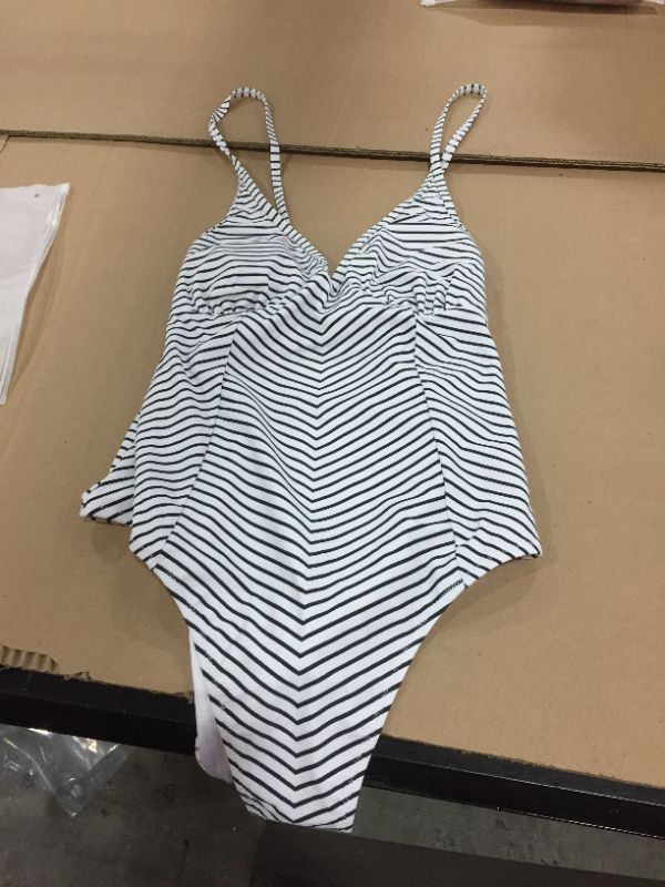 Photo 1 of Black And White Stripe V-Neck One Piece Swimsuit, M