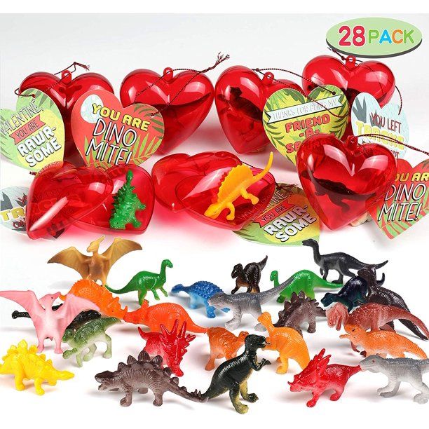 Photo 1 of 28 Packs Kids Valentine Party Favors Set Includes 28 Dinosaur Figures Filled Hearts with Valentine Cards for Kids Valentine Classroom Exchange Party Favors by Zoynack
