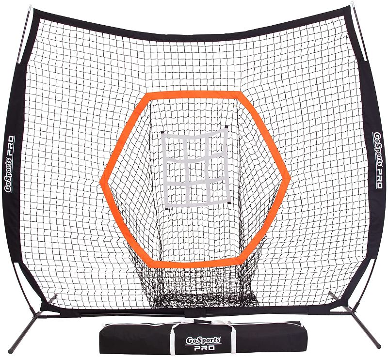 Photo 1 of GoSports 7’x7’ PRO Baseball & Softball Practice Hitting & Pitching Net with Bow Type Frame, Carry Case and Bonus Strike Zone, Ultimate Training Ne
