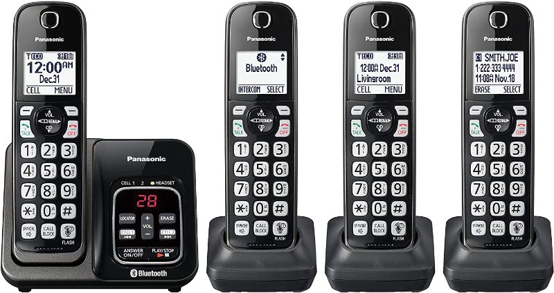 Photo 1 of Panasonic Expandable Cordless Phone System with Link2Cell Bluetooth, Voice Assistant, Answering Machine and Call Blocking - 4 Cordless Handsets - KX-TGD664M (Metallic Black)
