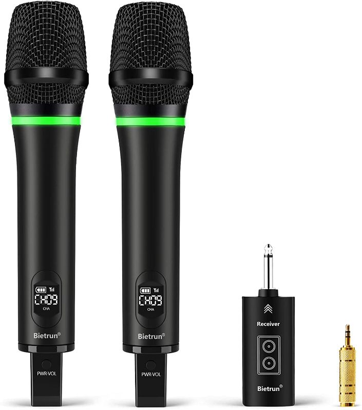 Photo 1 of Bietrun Wireless Microphone Rechargeable with Bluetooth, 168 ft Range, 1/4‘’Output, 2022 New, UHF Metal Dual Handheld Dynamic Mics for Mixer/Karaoke Speaker/PA System/JBL Partybox/Sony Party Speaker
