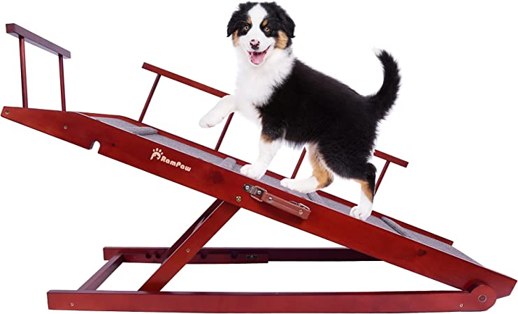 Photo 1 of Adjustable Pet Ramp for All Dogs and Cats, 48" Long with Safety Side Rails - for Couch or Bed with Paw Non Slip Traction Mat & Steps, Adjustable Height - Sturdy, Dog Training Manual (Mahogany)
