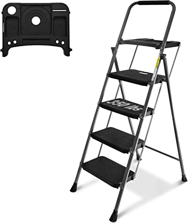 Photo 1 of 4 Step Ladder, GOLYTON Lightweight Folding 4 Step Stool with Tool Platform, Wide Anti-Slip Pedal and Convenient Handgrip, Sturdy Steel Ladder Hold Up to 500lbs, Gray
