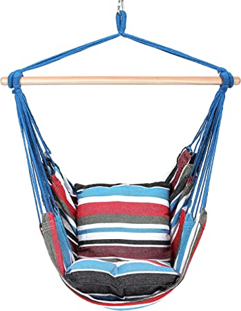 Photo 1 of Blissun Hanging Hammock Chair, Hanging Swing Chair with Two Cushions, 34 Inch Wide Seat Blue & Green Stripes (Cool Breeze)
