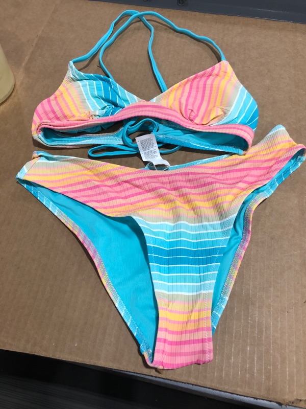 Photo 2 of CUPSHE Lylah Striped Rib Tie Back Bikini, MEDIUM