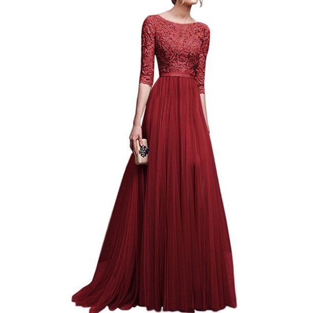 Photo 1 of Bridesmaid Formal Wedding Dress for Ladies Casual Round Neck Party Evening Cocktail Long Maxi Dress Floral Lace Half Sleeve A-Line Ball Gown, MEDIUM
