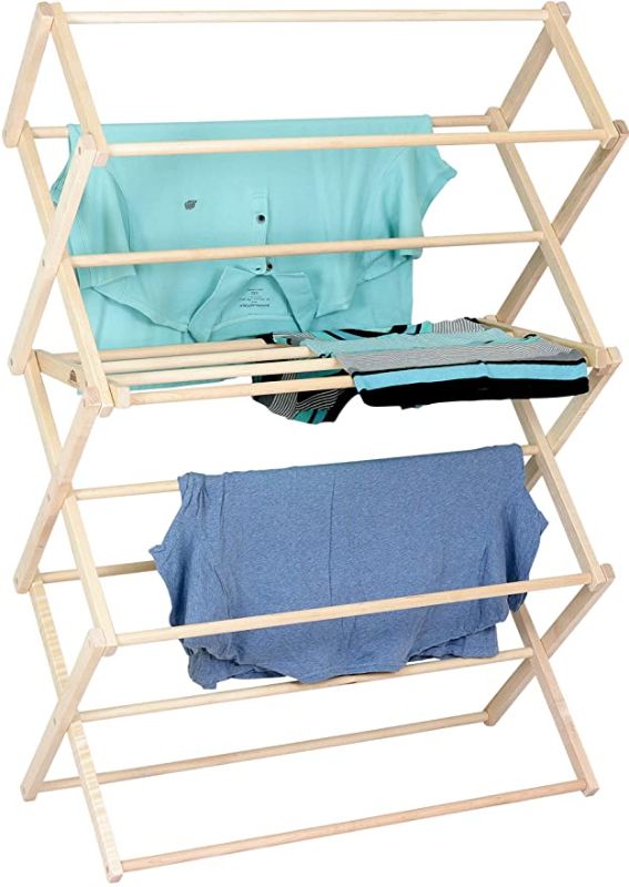 Photo 1 of Bamboo Laundry Drying Rack for Clothes, Wood Clothing Dryer, Extreme Stability, Heavy Duty Built, Foldable, Collapsible Space Saving | Indoor-Outdoor Use - Pre-Assembled