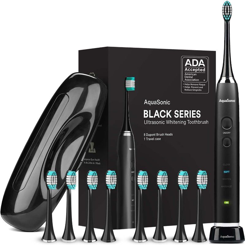 Photo 1 of AquaSonic Black Series Ultra Whitening Toothbrush – ADA Accepted Electric Toothbrush - 8 Brush Heads & Travel Case - Ultra Sonic Motor & Wireless Charging - 4 Modes w Smart Timer - Sonic Electric
