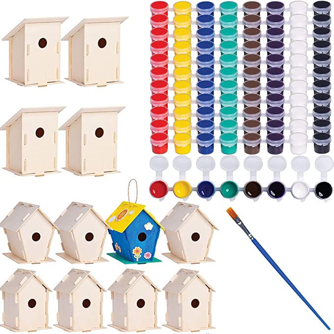 Photo 1 of Neliublu Kids Arts and Crafts Projects - 12 DIY Unfinished Wood Bird House Kits and Set of 12 Non-Toxic Washable Paint Sets
