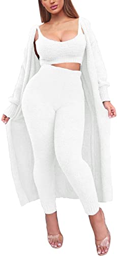 Photo 1 of Fixmatti Women's Fuzzy 3 Piece Sweatsuit Open Front Cardigan Crop Tank Tops Wide Legs Pants Lounge Sets
