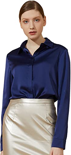 Photo 1 of Escalier Women's Silk Blouse Long Sleeve Satin Button Down Shirt Casual Work Office Silky Blouse Top
