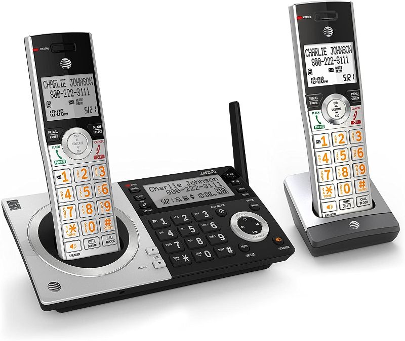 Photo 1 of AT&T CL83207 DECT 6.0 Expandable Cordless Phone with Smart Call Blocker, Silver/Black with 2 Handsets