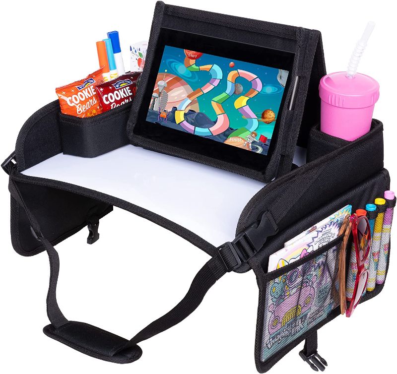 Photo 1 of ROVICLU Car Seat Travel Tray for Kids - Carseat Trays Accessories, Toddler Activity Table, Lap Desk with Organizer, Road Trip Essentials - Shoulder Strap Pad, Erasable Board, Smartphone/Table Stand.