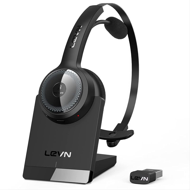 Photo 1 of LEVN Bluetooth 5.0 Headset, Wireless Headset with Microphone (AI Noise Cancelling), 35Hrs Bluetooth Headphones with USB Dongle for PC, Suitable for Remote Work/Call Center/Zoom/Online Class/Trucker