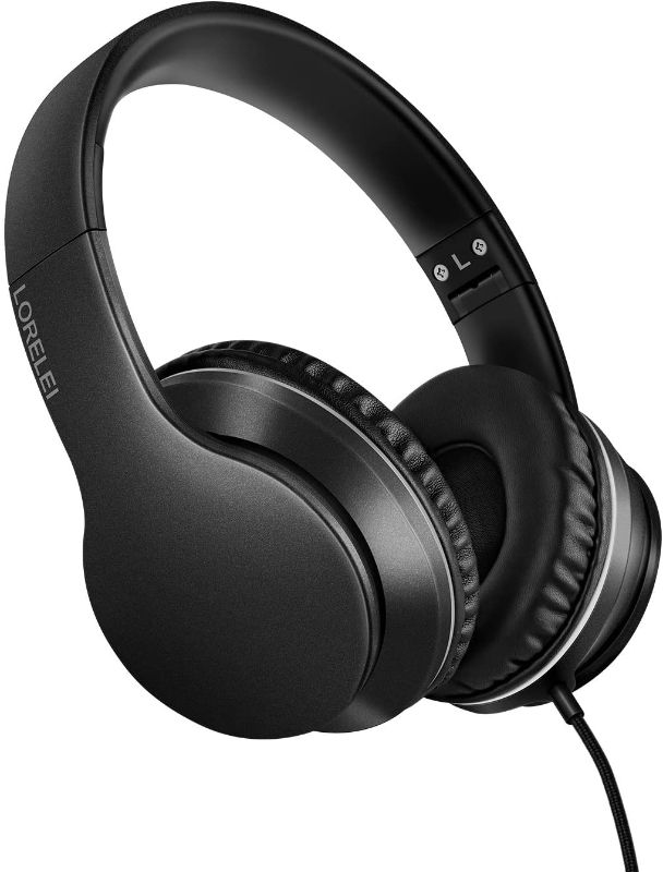 Photo 1 of LORELEI X6 Over-Ear Headphones with Microphone, Lightweight Foldable & Portable Stereo Bass Headphones with 1.45M No-Tangle, Wired Headphones for Smartphone Tablet MP3 / 4 (Space Black)