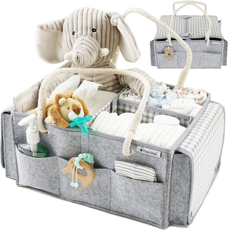 Photo 1 of Panda BéBé Premium Travel Diaper Caddy Organizer Bag with Cotton Rope Handles, Portable and Lightweight Tote with Privacy Lids, Large Compartments, Spacious Pockets, Waterproof Base & Lining