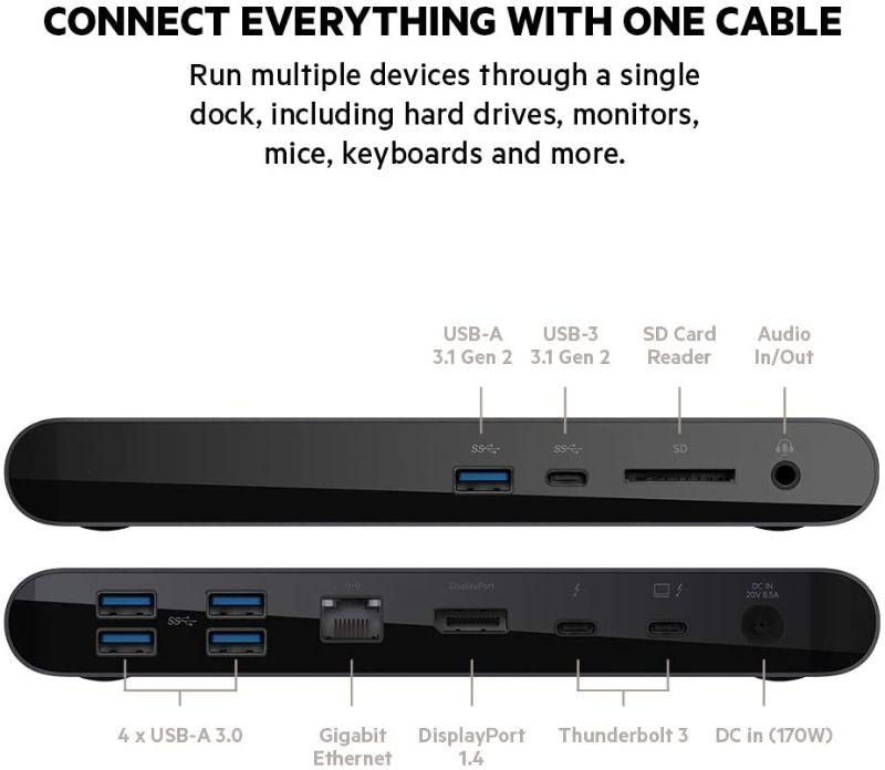 Photo 2 of Belkin Thunderbolt 3 Dock Pro w/ 2.6ft Thunderbolt 3 Cable (Thunderbolt Dock for MacOS and Windows) Dual 4K @60Hz, 40Gbps Transfer Speeds, 85W Upstream Charging
