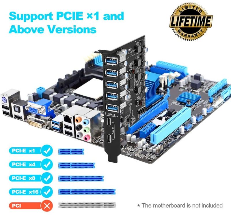 Photo 2 of PCI-E to USB 3.0 7-Port(2X USB-C - 5X USB-A ) Expansion Card ,PCI Express USB Add in Card , Internal USB3 Hub Converter for Desktop PC Host Card Support Windows 10/8/7/XP and MAC OS 10.8.2 Above