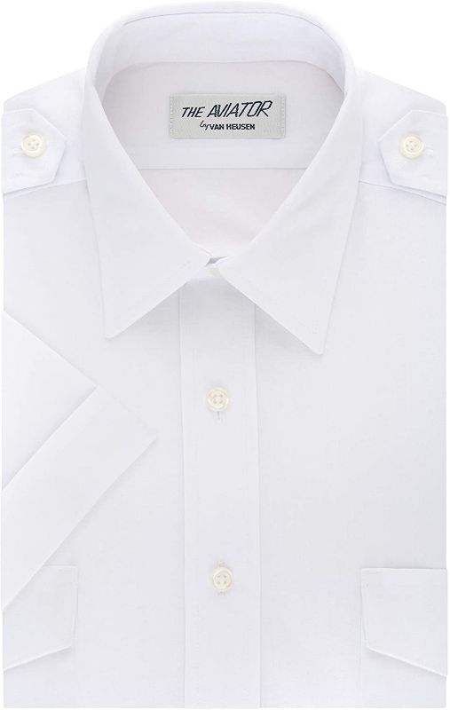 Photo 1 of [Size- 34/35 Neck -19 1/2] Van Heusen Mens Dress Shirts Short Sleeve Aviator Shirt Solid Spread Collar