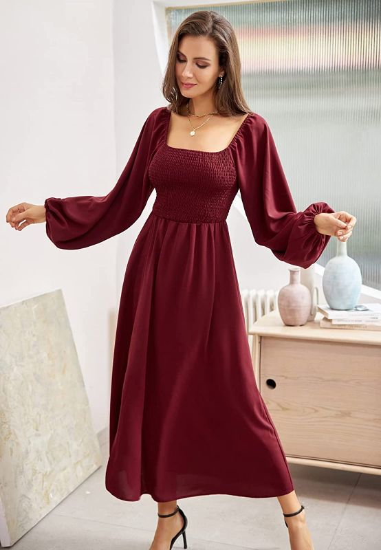 Photo 2 of [Size M] CURLBIUTY Women Split Off Shoulder Dress Vintage Square Neck Smocked Maxi Dress