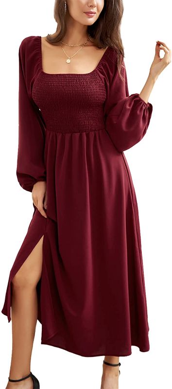 Photo 1 of [Size M] CURLBIUTY Women Split Off Shoulder Dress Vintage Square Neck Smocked Maxi Dress