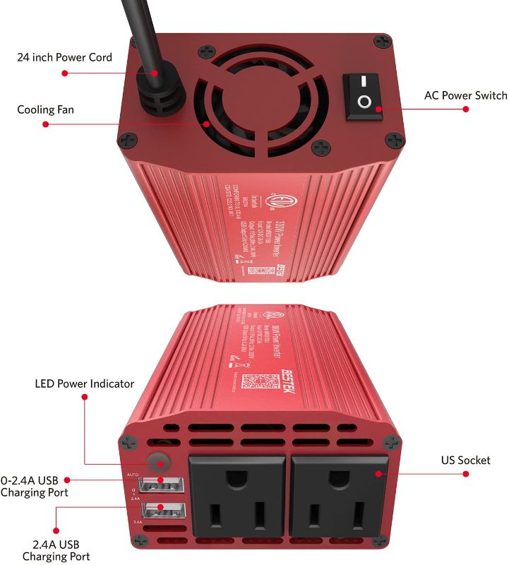 Photo 2 of BESTEK 300W Power Inverter DC 12V to 110V AC Car Inverter with 4.2A Dual USB Car Adapter
