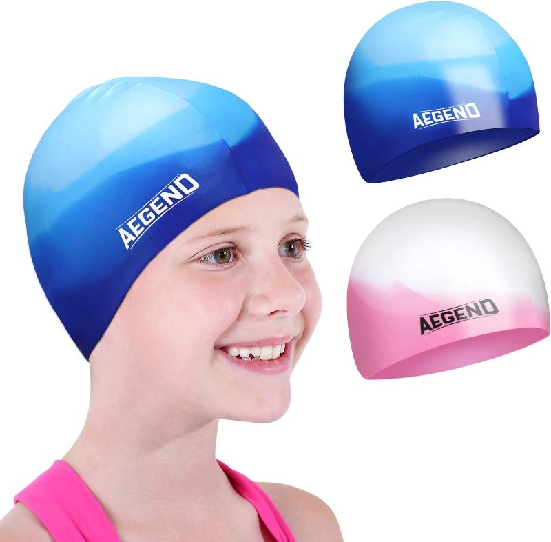 Photo 1 of [2 Pack] Size Large Aegend Swim Cap for (Age 8-12), Durable Silicone Swimming Cap Blue and Pink