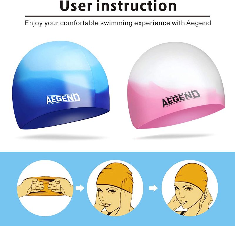 Photo 3 of [2 Pack] Size Large Aegend Swim Cap for (Age 8-12), Durable Silicone Swimming Cap Blue and Pink