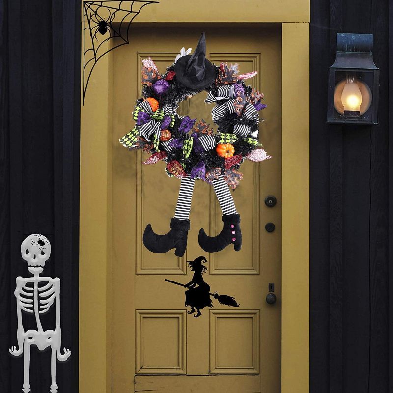 Photo 2 of 24 Inch Witch Halloween Wreath,Hat Legs Pumpkin Door Decorations, Artificial Handmade Wreath for Front Door or Indoor Wall Décor 