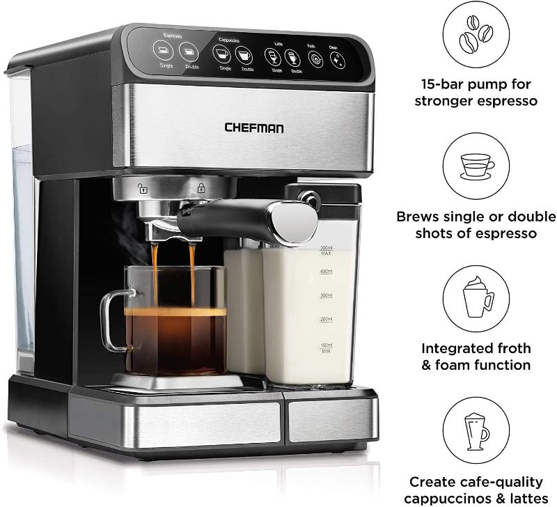 Photo 2 of Chefman 6-in-1 Espresso Machine,Powerful 15-Bar Pump,Brew Single or Double Shot, Built-In Milk Froth for Cappuccino & Latte Coffee, XL 1.8 Liter Water Reservoir, Dishwasher-Safe Parts, Stainless Steel