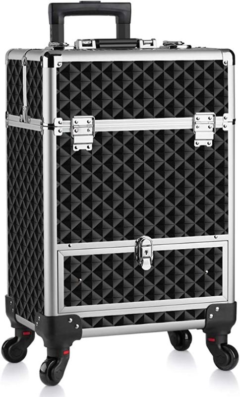 Photo 1 of OUDMAY Makeup Case - Aluminum Professional Rolling Cosmetic Storage Box With Drawer and Locks- Black Diamond