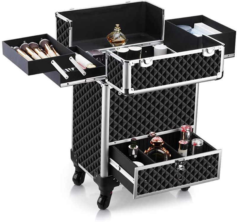 Photo 2 of OUDMAY Makeup Case - Aluminum Professional Rolling Cosmetic Storage Box With Drawer and Locks- Black Diamond