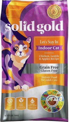 Photo 1 of [EXP 6-22] Solid Gold Let's Stay in Indoor Cat Chicken, Lentil & Apple Recipe for Adult Cats; Grain Free Dry Food with Superfoods, 12 Lbs.