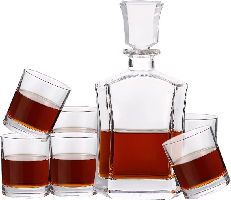 Photo 1 of YJGS Whiskey Decanter Set, 26 OZ Crystal Whiskey Decanter with Glass Stopper and 6pcs Whiskey Glasses for Wine Bourbon, Great Father's Day Gifts Whiskey Gifts for Men
