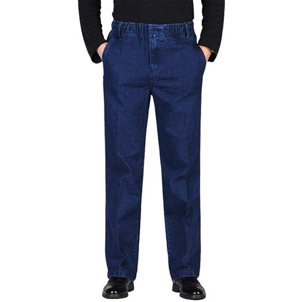 Photo 1 of IDEALSANXUN Men’s Elastic Waist Jeans Relaxed Fit Casual Denim Pants (#1 Dark Blue, size 34)
