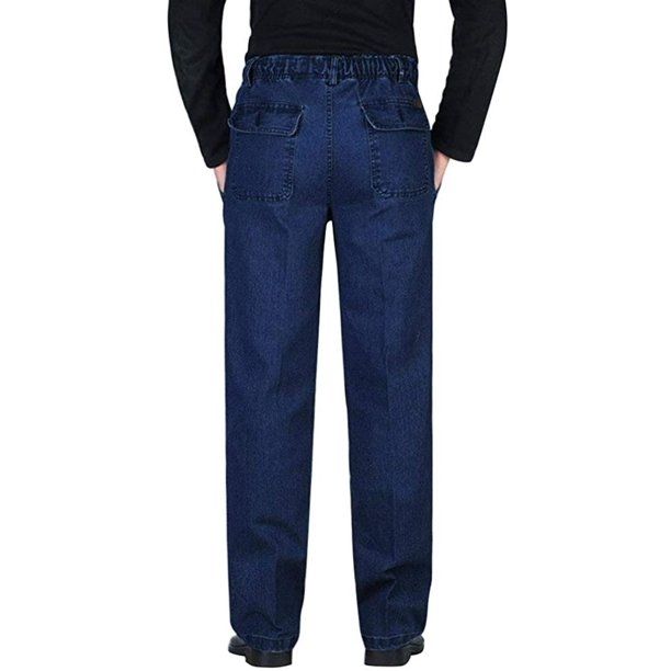 Photo 2 of IDEALSANXUN Men’s Elastic Waist Jeans Relaxed Fit Casual Denim Pants (#1 Dark Blue, size 34)
