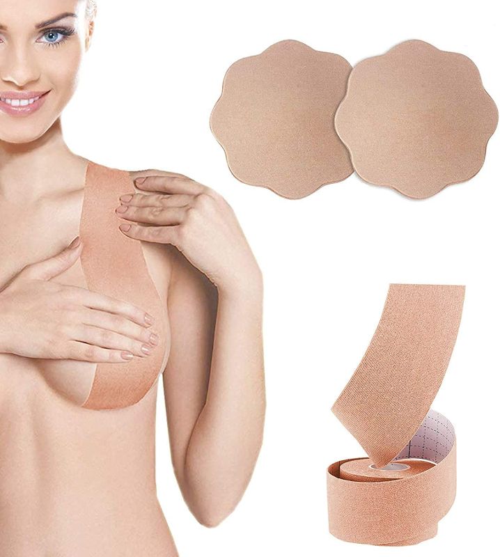 Photo 1 of Boob Tape, Breast Lift Tape and Nipple Covers, Push up Tape and Breast Pasties Strapless Bra Tape Chest Support Tape for Large Breasts, Invisible Gaffer Tape Duct Tape Backless Bra Lift Tape Nude
