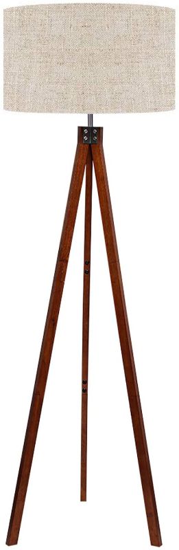 Photo 1 of LEPOWER Wood Tripod Floor Lamp, Mid Century Standing Lamp, Modern Design Studying Light for Living Room, Bedroom, Study Room and Office, Flaxen Lamp Shade with E26 Lamp Base
