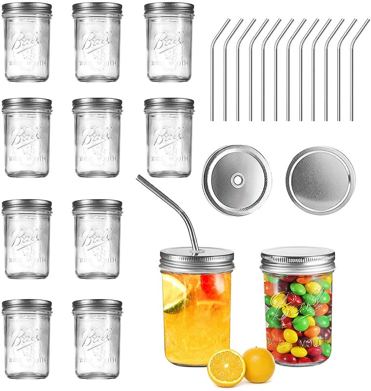 Photo 1 of Ball Mason Jars 8 OZ, OAMCEG 12 Pack Canning Jars with Lids & Straws for Regular Mouth Mason Jars, 100% Recycled Sipper Mason Jar Drinking Glasses/Jars/Mugs, Ideal for Juice, Jam, Honey, Spices
