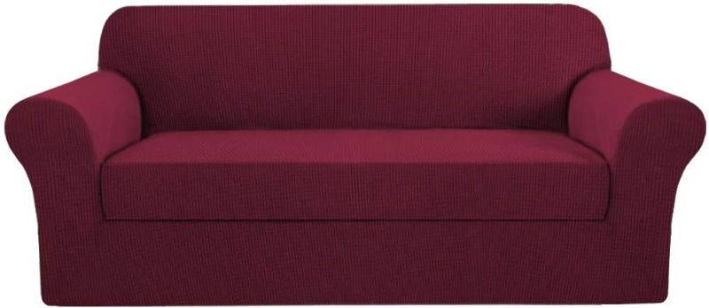 Photo 1 of 2-Piece High Stretch Sofa Cover Furniture Protector Slipcover for Oversized Sofa, Soft Spandex Form Fit Slip Resistant Stylish Fabric with Elastic Bottom, XL Sofa 96"-116", Burgundy Red
