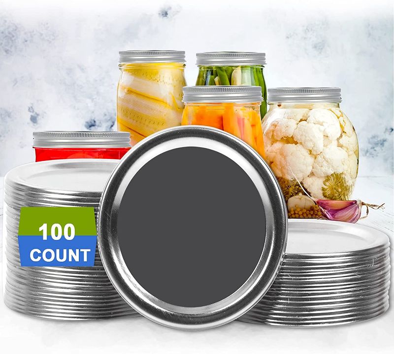 Photo 1 of 100-Count Regular Canning Lids 70mm Split-Type Leak-Proof Secure Storage Solid Canning Jar Lids with Silicone Seals Rings (100Pcs 70MM Silver)
