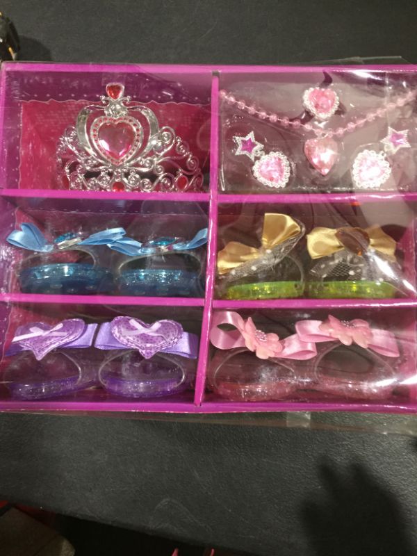 Photo 3 of Princess Dress Up Shoes Set Girls Role Play Shoes Pretend Jewelry Toys Set Gift Set 4 Pairs of Shoes Kit Collection of Tiara Crown Earrings Necklace Rings Handbag Gloves for Girls Aged 3-6 Years Old
