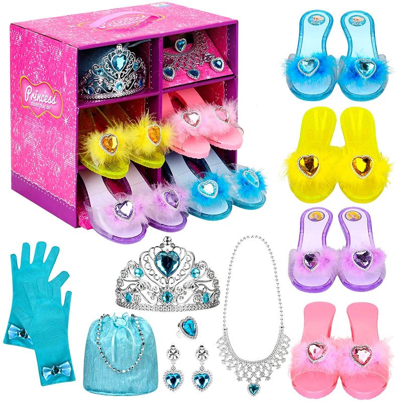 Photo 1 of Princess Dress Up Shoes Set Girls Role Play Shoes Pretend Jewelry Toys Set Gift Set 4 Pairs of Shoes Kit Collection of Tiara Crown Earrings Necklace Rings Handbag Gloves for Girls Aged 3-6 Years Old
