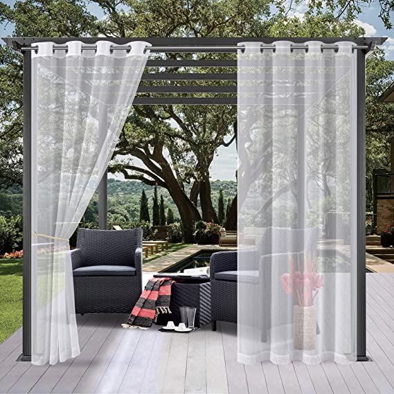 Photo 1 of (2 Panels) Voday Waterproof Outdoor Burlap Linen Textured Sheer Curtains 54x84 Inch for Patio - Rustproof Grommet Privacy Curtains with Free Tieback Rope - Light Filtering Voile Drapes for Pergola
