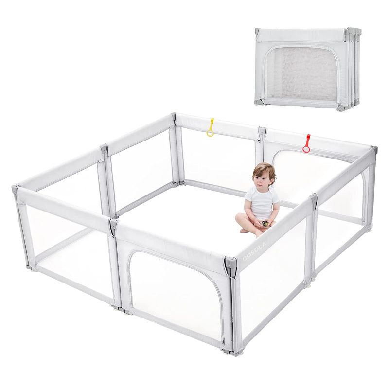 Photo 1 of Baby Playpen, 59x71in Foldable Play Pens for Babies and Toddlers, Large Baby Gate Playpen Portable, Safety Baby Play Yards Kids Activity Center Baby Fence Play Area(Light Grey)
