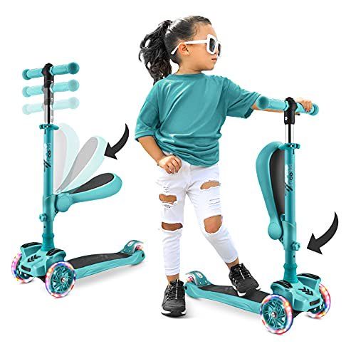 Photo 1 of Hurtle 3-Wheeled Scooter for Kids - Wheel LED Lights, Adjustable Lean-to-Steer Handlebar, and Foldable Seat - Sit or Stand Ride with Brake for Boys and Girls, Teal Blue - Hurtle HURFS86TB

